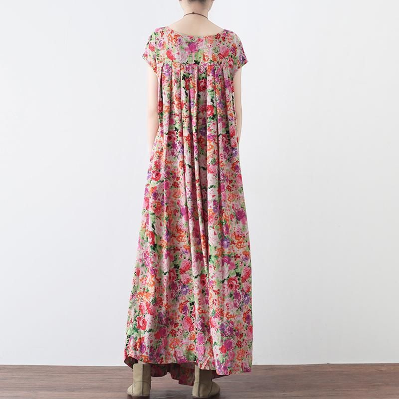 Kvinder Retro Floral Samlet Casual Linned Maxi Kortærmet Kjole