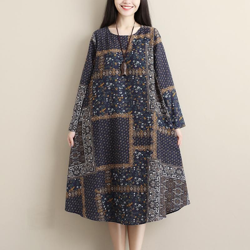 Kvinder Retro Printed Spring Autumn Linned Midi Dress