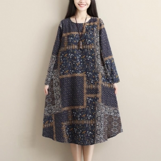 Kvinder Retro Printed Spring Autumn Linned Midi Dress