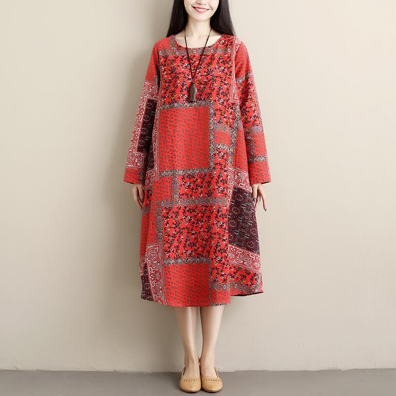 Kvinder Retro Printed Spring Autumn Linned Midi Dress