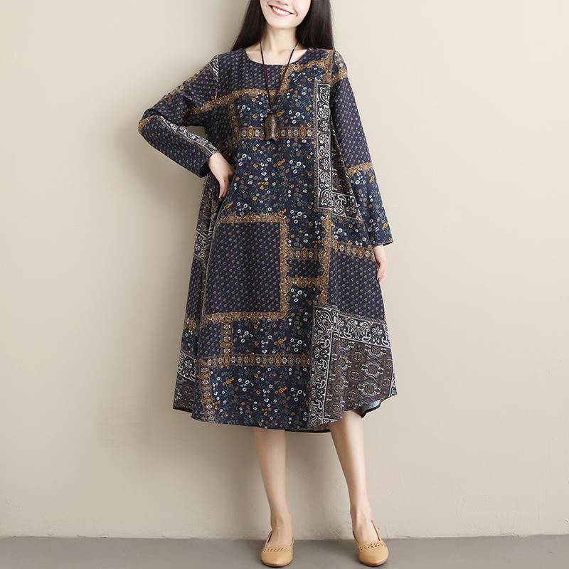 Kvinder Retro Printed Spring Autumn Linned Midi Dress