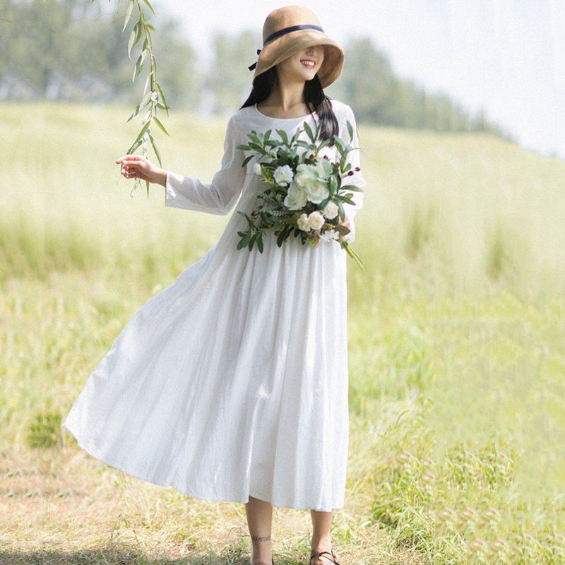 Landlig Stil Mode Hvid Linen Langærmet Kjole