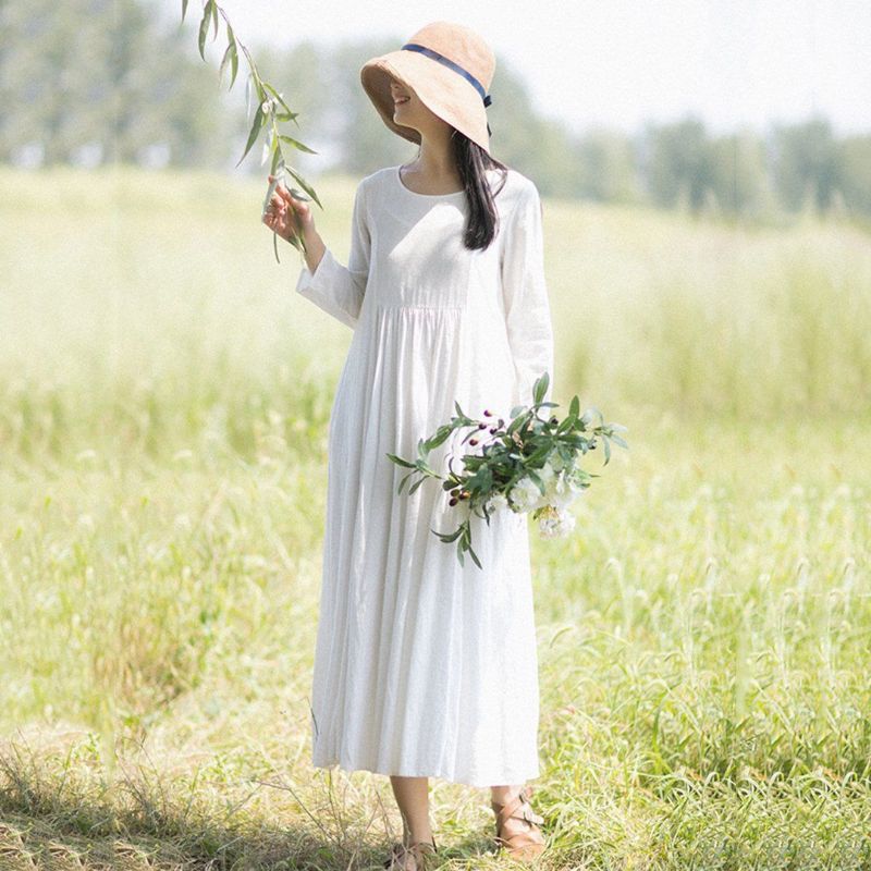 Landlig Stil Mode Hvid Linen Langærmet Kjole