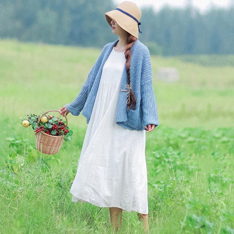 Landlig Stil Mode Hvid Linen Langærmet Kjole