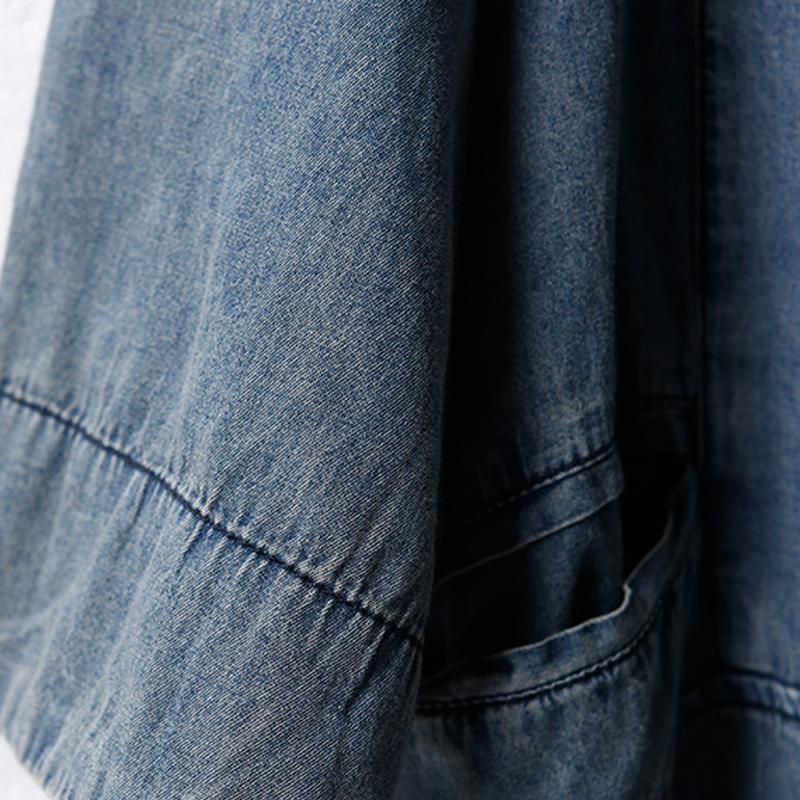 Lommer Med Rund Hals Denim Enkel Sommerkjole