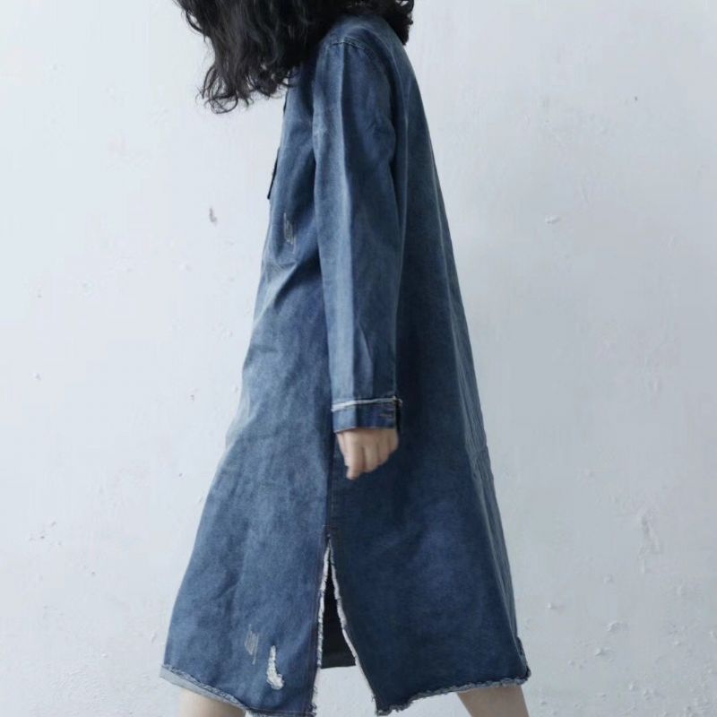 Loose Raw Edge Split Denim Kjole