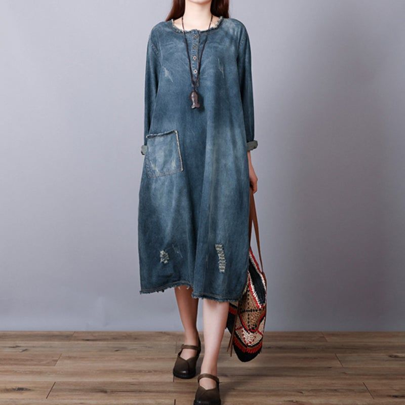 Løs Retro Bomuld Denim Ripped Midi Kjole