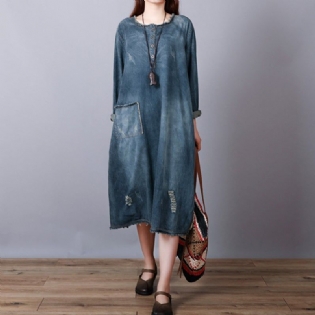 Løs Retro Bomuld Denim Ripped Midi Kjole