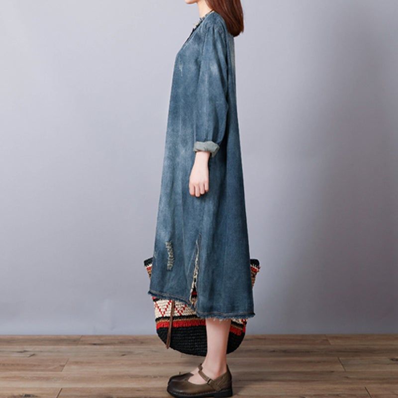 Løs Retro Bomuld Denim Ripped Midi Kjole