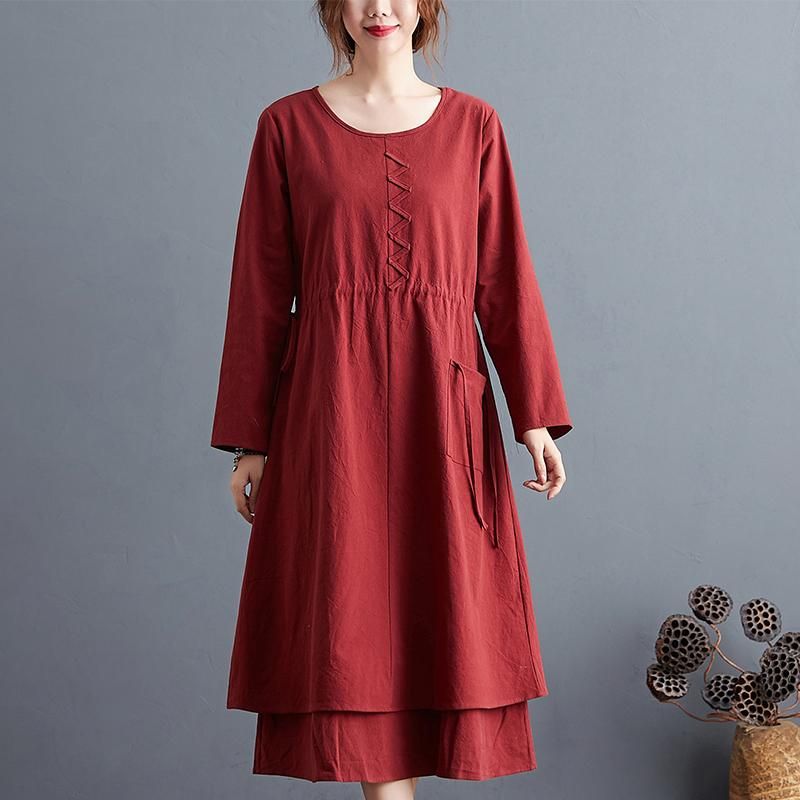 Plus Size Autumn Vintage Bomuld Linned A-line Midikjole