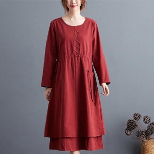 Plus Size Autumn Vintage Bomuld Linned A-line Midikjole