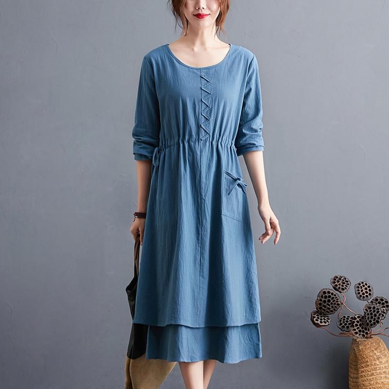 Plus Size Autumn Vintage Bomuld Linned A-line Midikjole