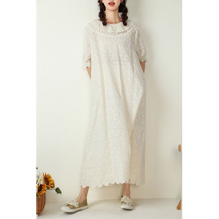 Plus Size Bomuld Linned Vintage Broderi Løs Kjole