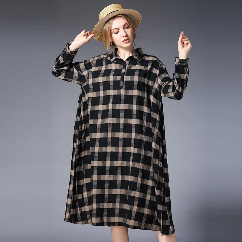 Plus Size Damer Plaid Shirt Langærmet Kjole