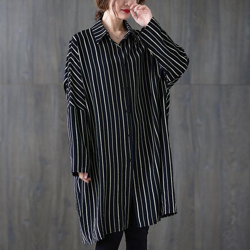 Plus Size Loose Stripe Polo Neck Bomuld Midi-kjole