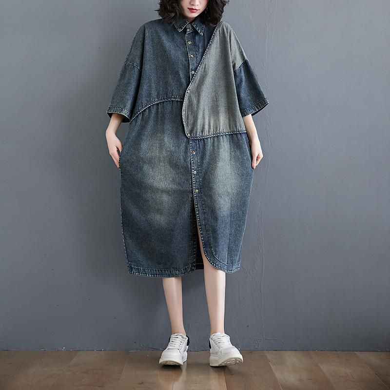 Plus Size Retro Kortærmet Løs Denim Skjortekjole