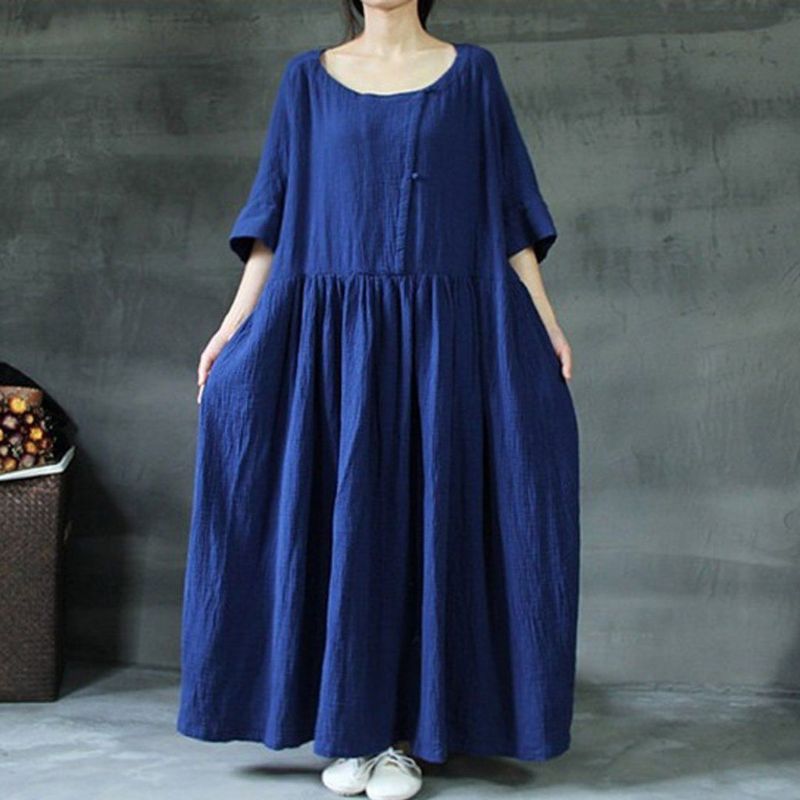 Plus Size Solid Rich Linen Loose Shift Gathered Dress M-5xl