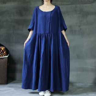 Plus Size Solid Rich Linen Loose Shift Gathered Dress M-5xl