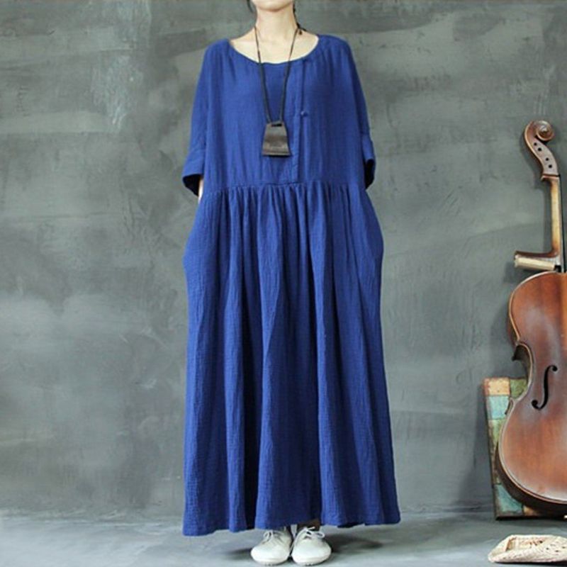 Plus Size Solid Rich Linen Loose Shift Gathered Dress M-5xl