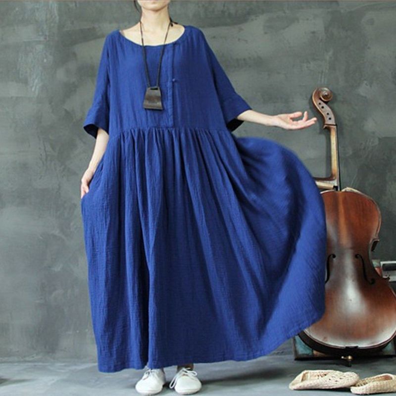 Plus Size Solid Rich Linen Loose Shift Gathered Dress M-5xl