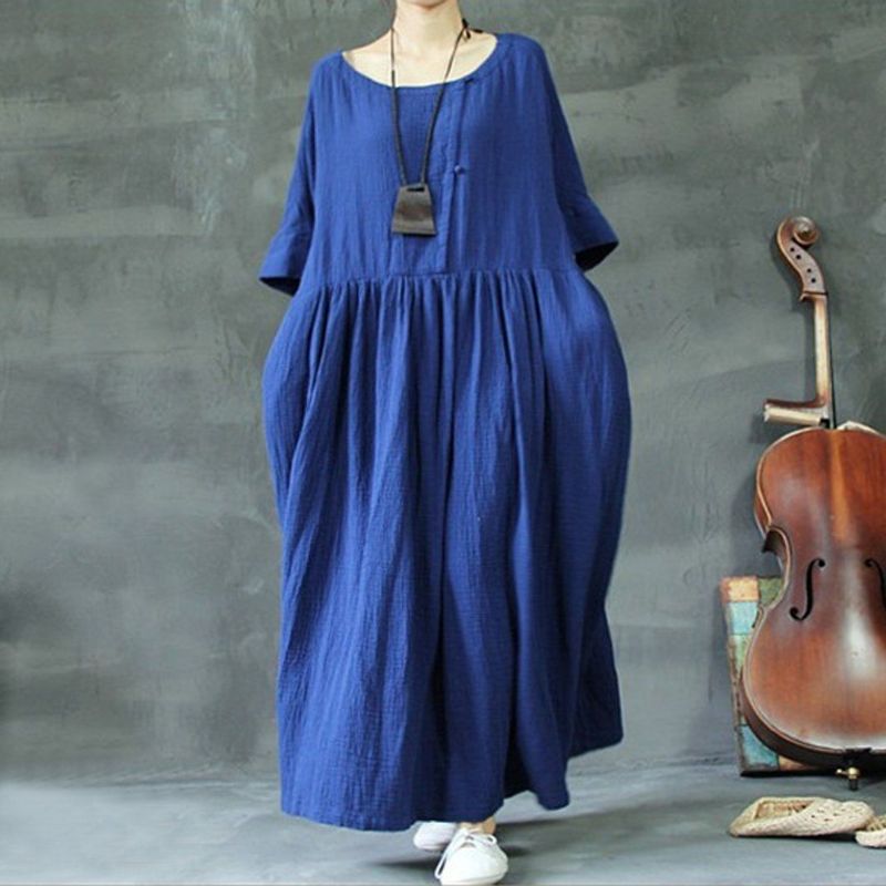 Plus Size Solid Rich Linen Loose Shift Gathered Dress M-5xl