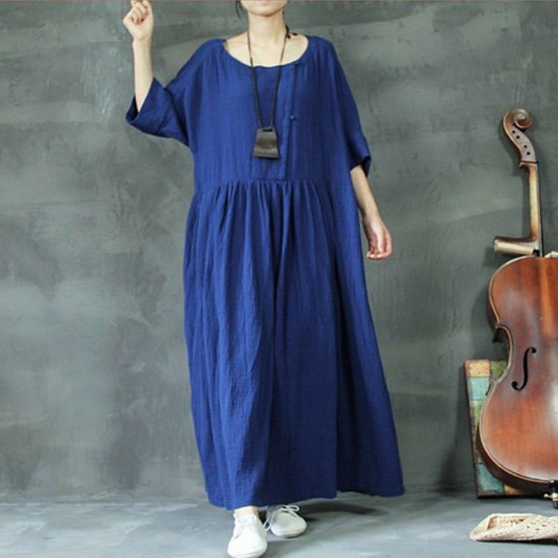 Plus Size Solid Rich Linen Loose Shift Gathered Dress M-5xl