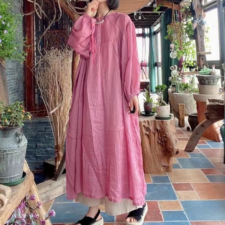 Plus Size Spring Retro Linned Løs Pink Kjole