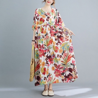 Plus Size Spring Summer Retro Floral Kortærmet Bomuldskjole