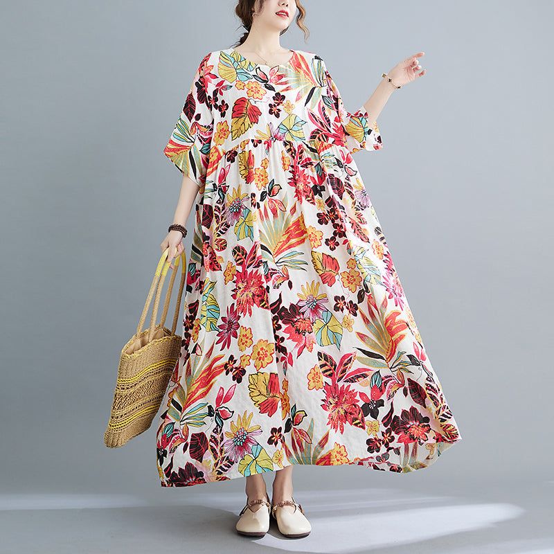 Plus Size Spring Summer Retro Floral Kortærmet Bomuldskjole