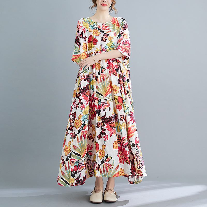 Plus Size Spring Summer Retro Floral Kortærmet Bomuldskjole