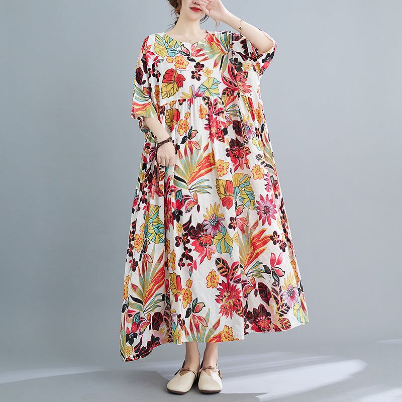 Plus Size Spring Summer Retro Floral Kortærmet Bomuldskjole