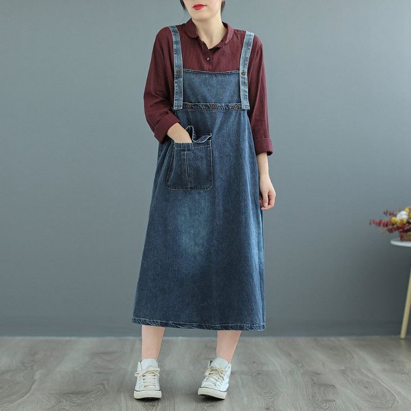 Plus Size Suspender Pocked Loose Denim Strap Kjole