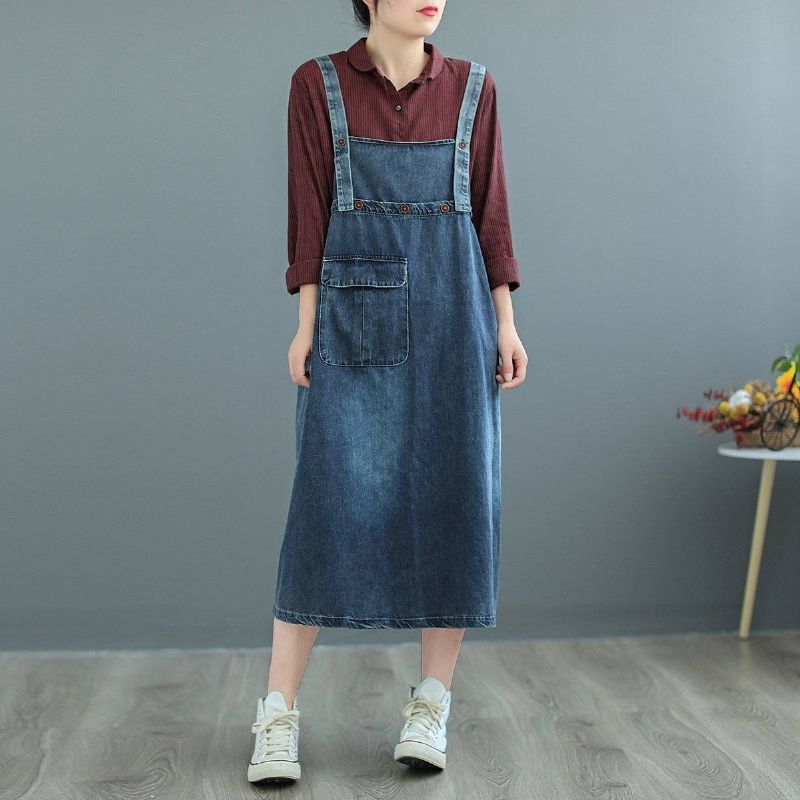 Plus Size Suspender Pocked Loose Denim Strap Kjole