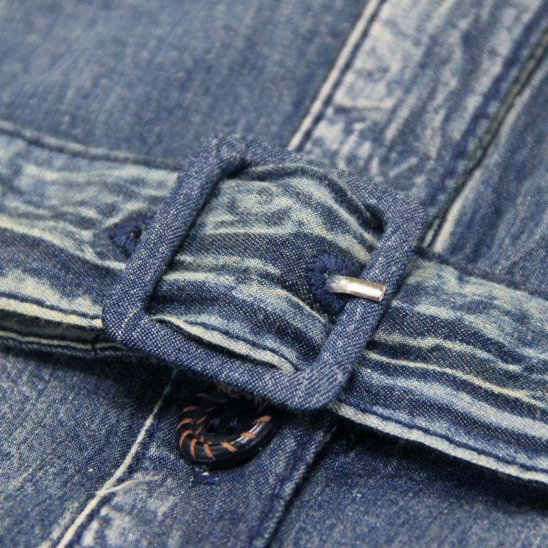 Polo Krave Træspænde Vintage Broderi Denim Langærmet Kjole