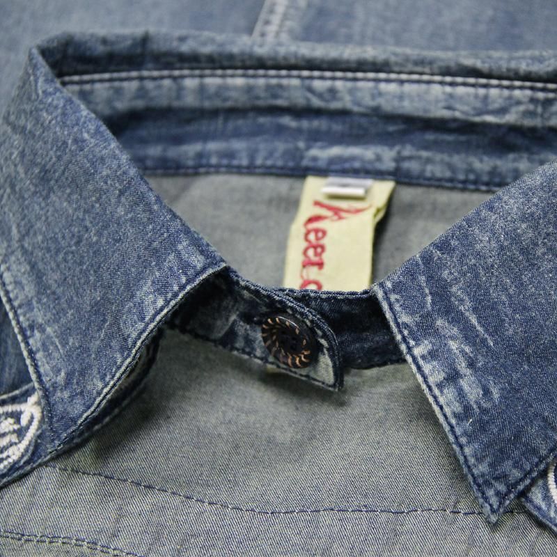 Polo Krave Træspænde Vintage Broderi Denim Langærmet Kjole