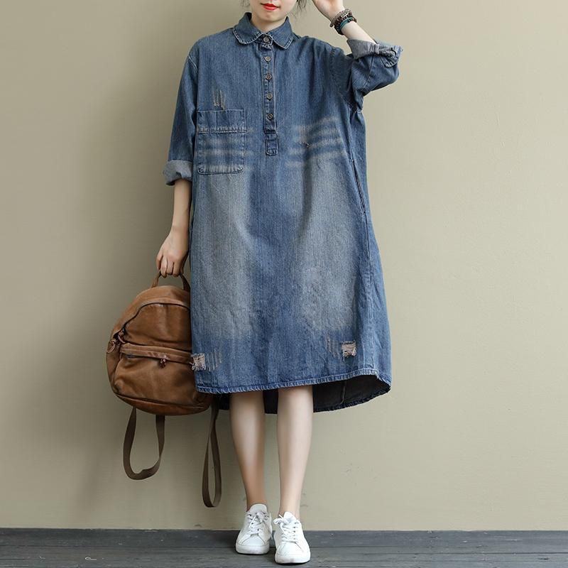 Retro Denim Washed Mid-length Kjole