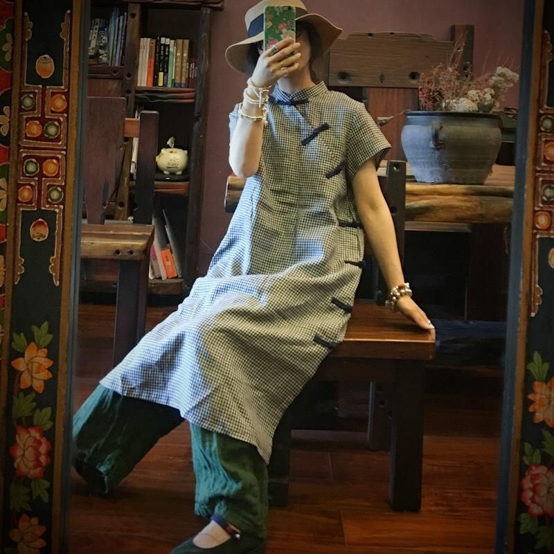 Retro High-end Linen Grid Stand Collar Dress