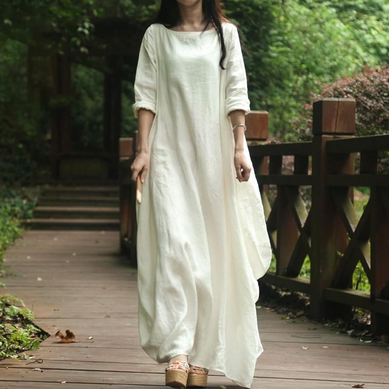 Solid Cocoon Ruched Rich Linen Maxi Kjole