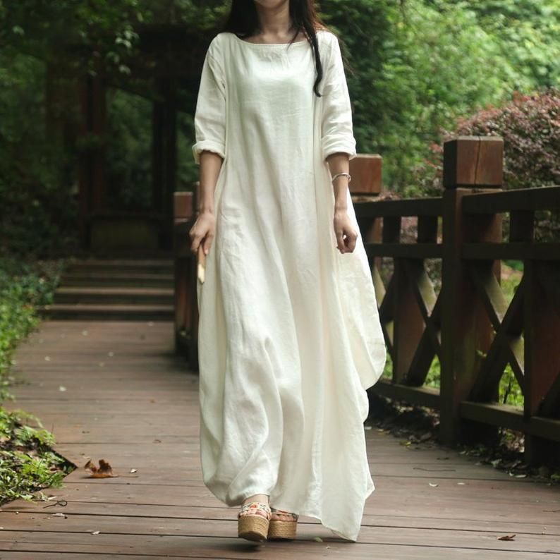 Solid Cocoon Ruched Rich Linen Maxi Kjole