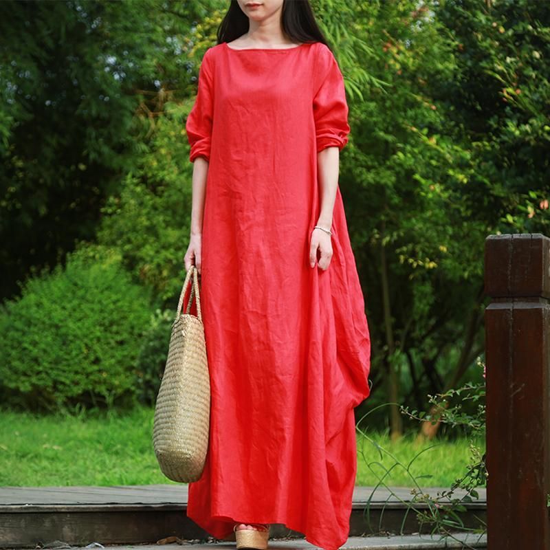 Solid Cocoon Ruched Rich Linen Maxi Kjole