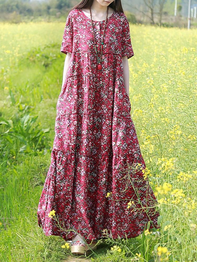 Sommer Boho Floral Loose Bomuld Linned Kjole