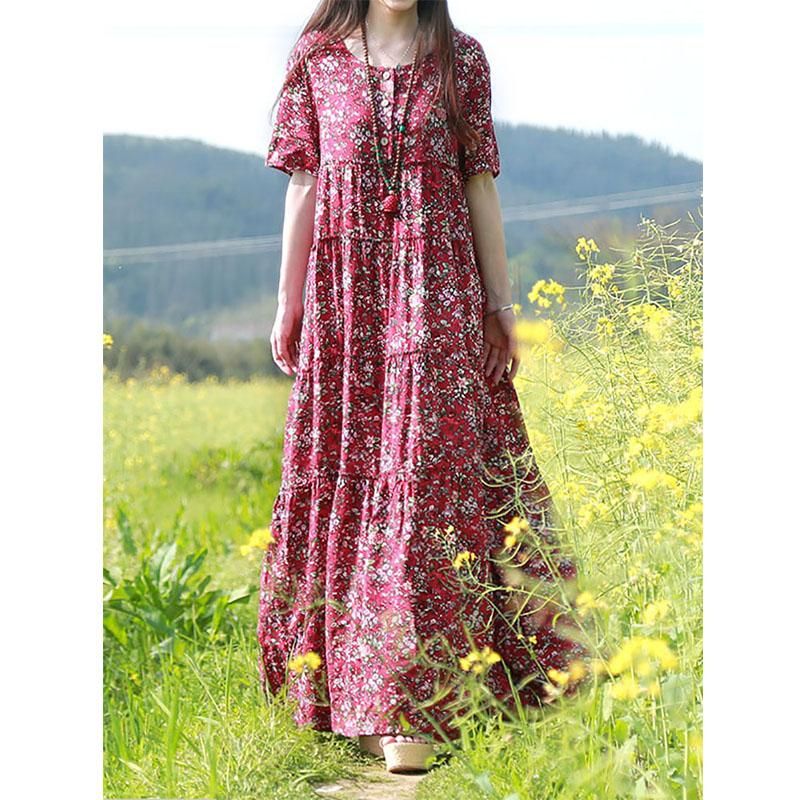 Sommer Boho Floral Loose Bomuld Linned Kjole