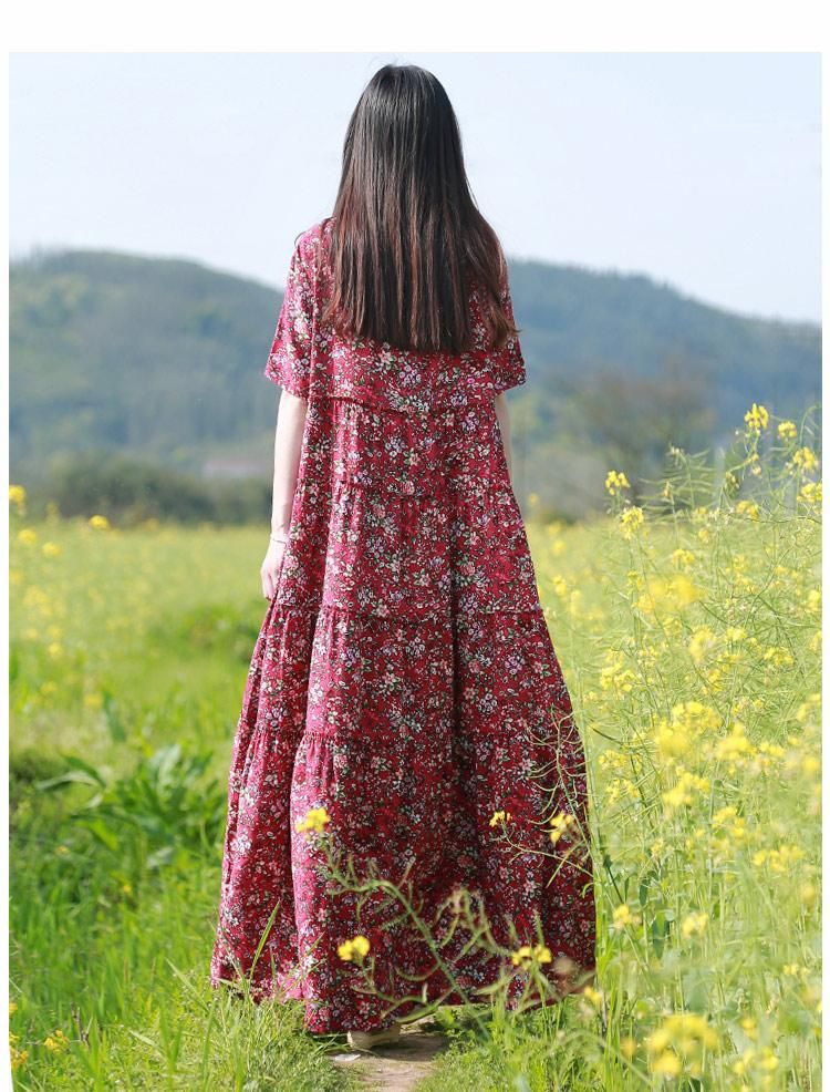 Sommer Boho Floral Loose Bomuld Linned Kjole