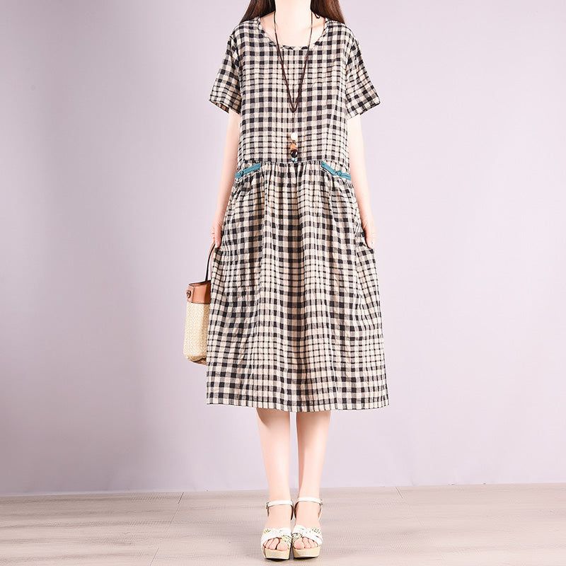 Sommer Bomuld Retro Plaid Casual Midi Kjole