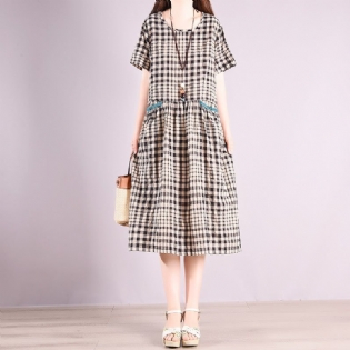 Sommer Bomuld Retro Plaid Casual Midi Kjole