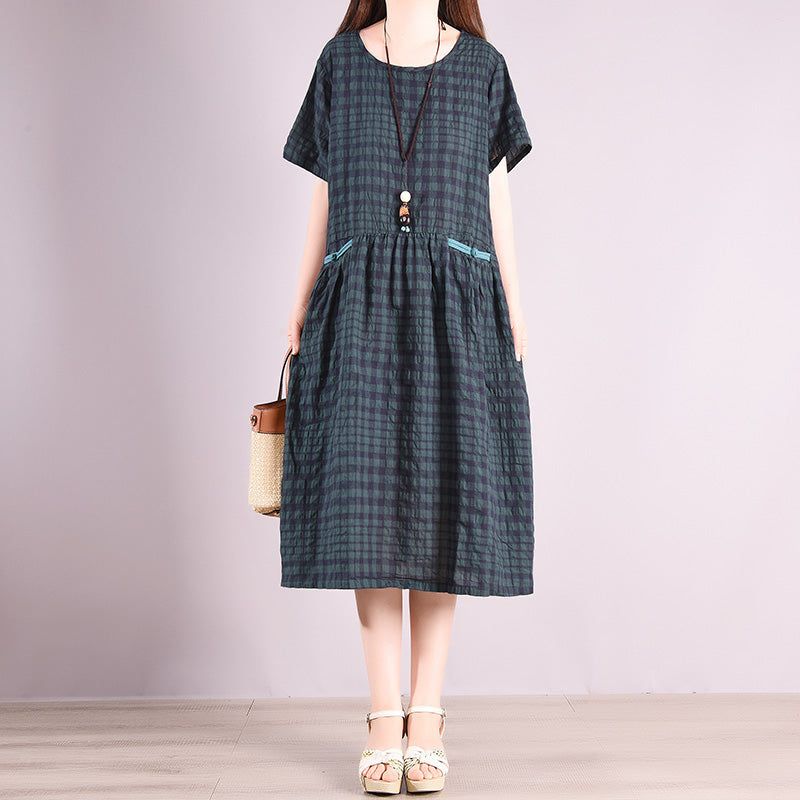 Sommer Bomuld Retro Plaid Casual Midi Kjole