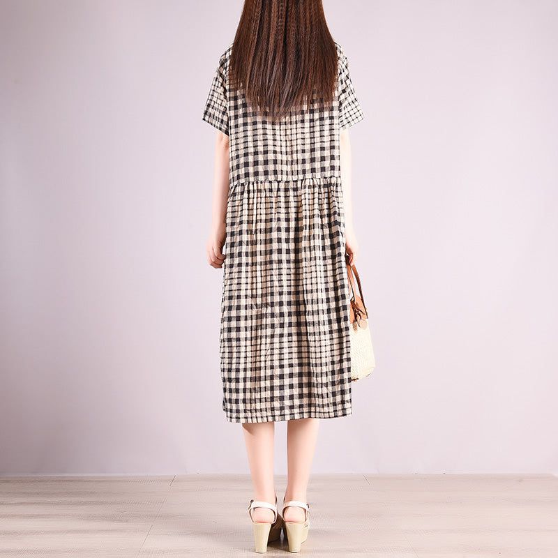 Sommer Bomuld Retro Plaid Casual Midi Kjole