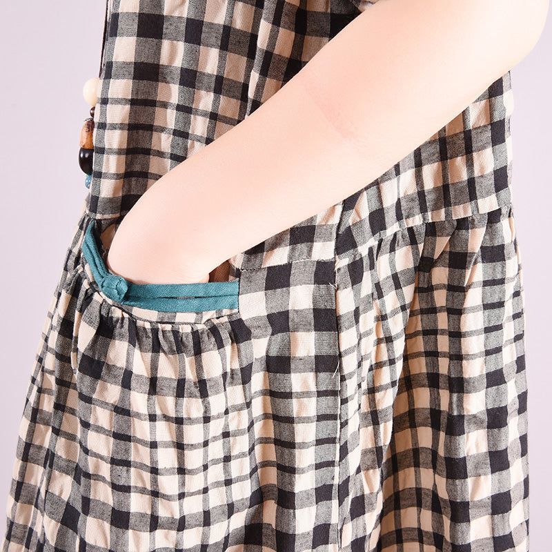 Sommer Bomuld Retro Plaid Casual Midi Kjole