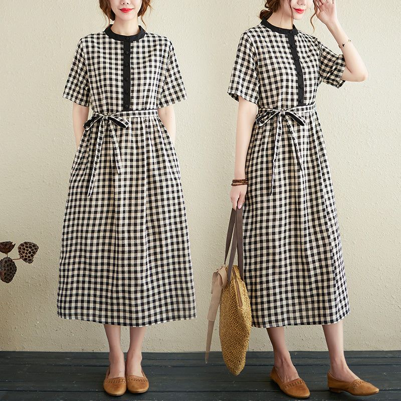 Sommer Løs Retro Bomuld Linned Plaid Kjole