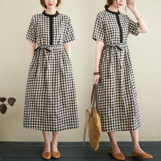 Sommer Løs Retro Bomuld Linned Plaid Kjole